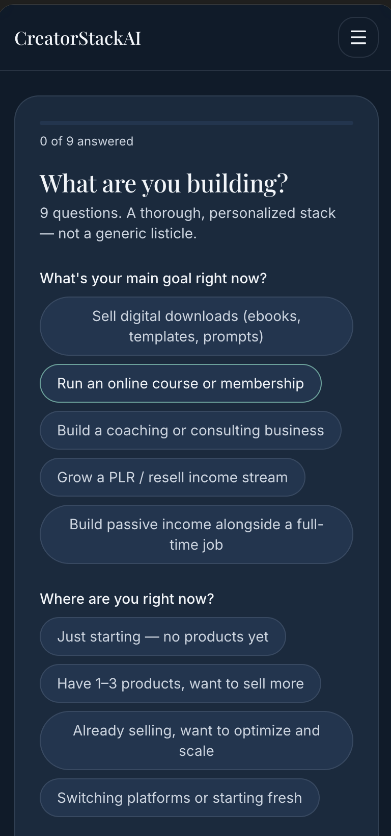 CreatorStackAI question flow on mobile